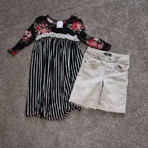 Floral and Striped Dress with Beige Shorts